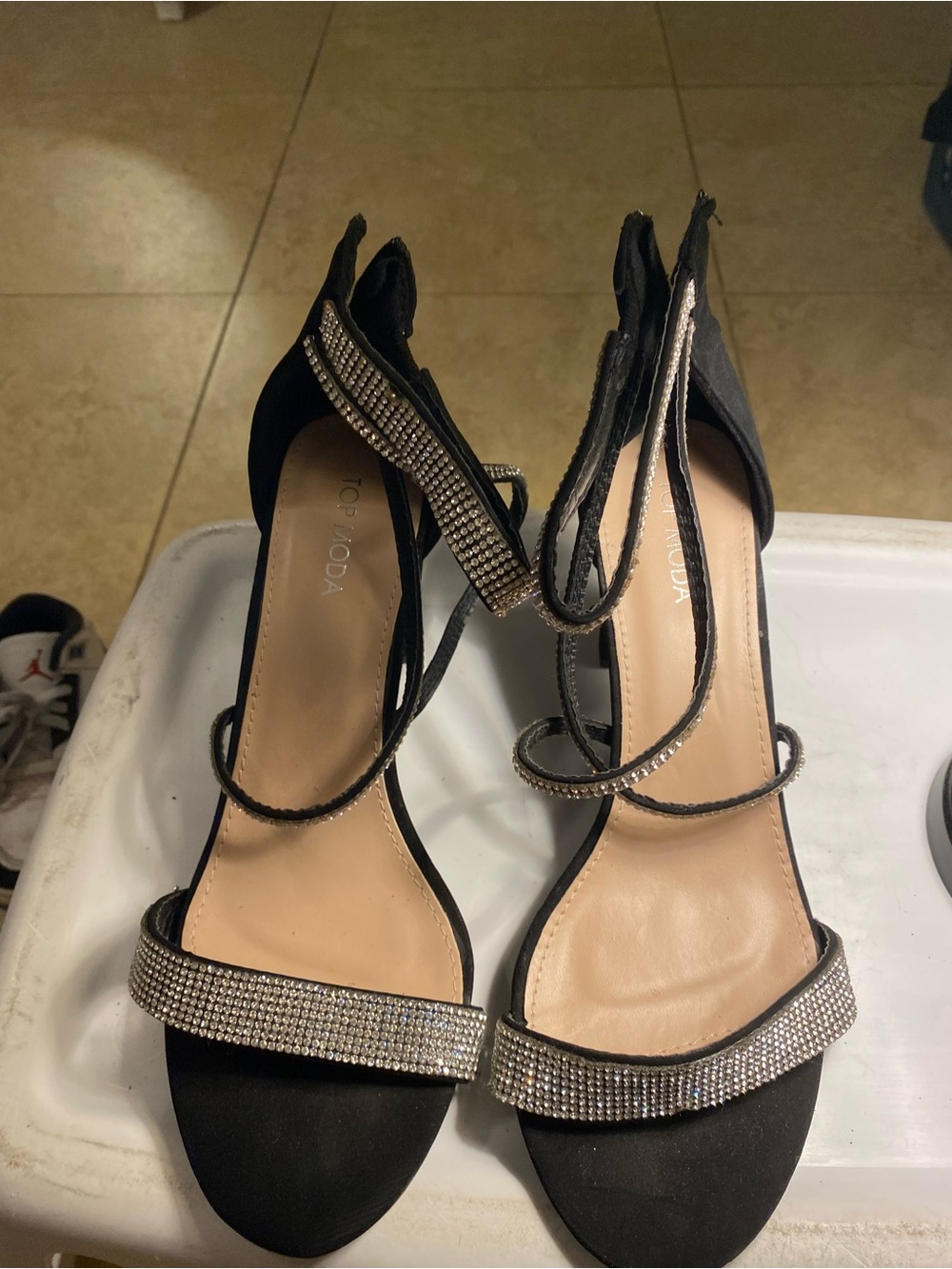 TOP Moda Black Crystal Strap Open-Toe Heels